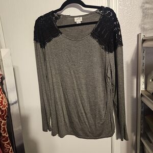 Jaclyn Smith Gray Long Sleeve Top with Black Lace